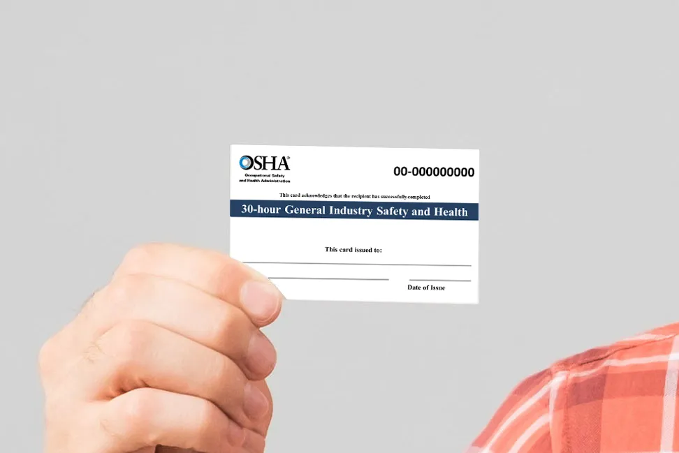 Sample OSHA 30-Hour General Industry Outreach course card held in hand